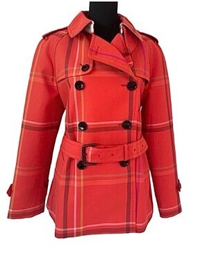 COACH ~ Red Plaid Tattersall Trench Coat w/Silver Striped Lining and Pockets